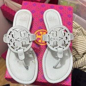 Tory Burch White Leather Miller Logo Thong Sandals